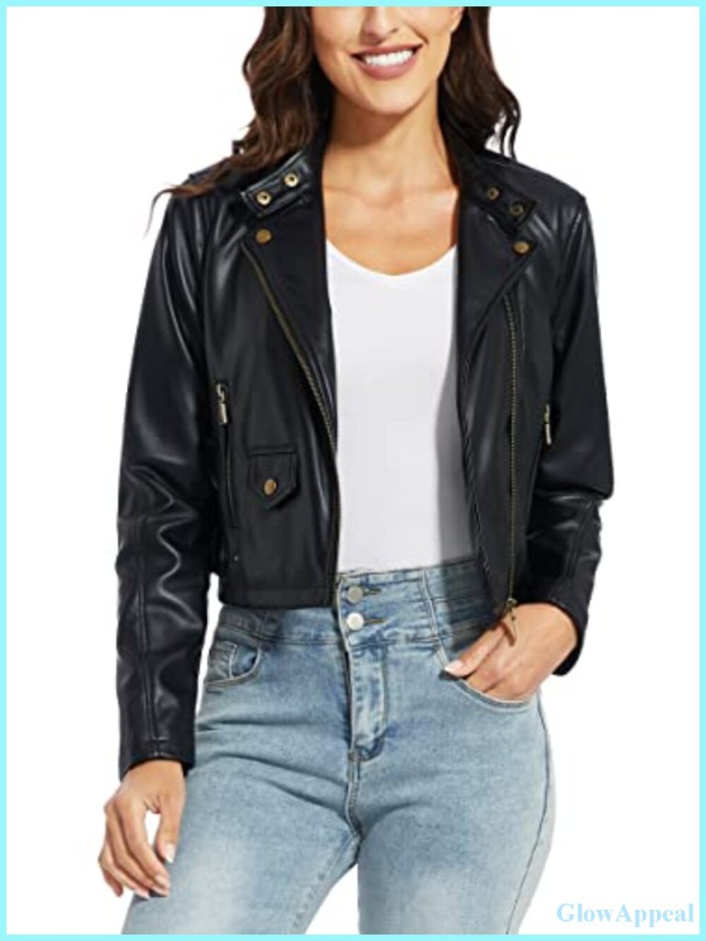 Faux Leather Moto Biker Jacket Zip Up Fitted Slim Short Coat